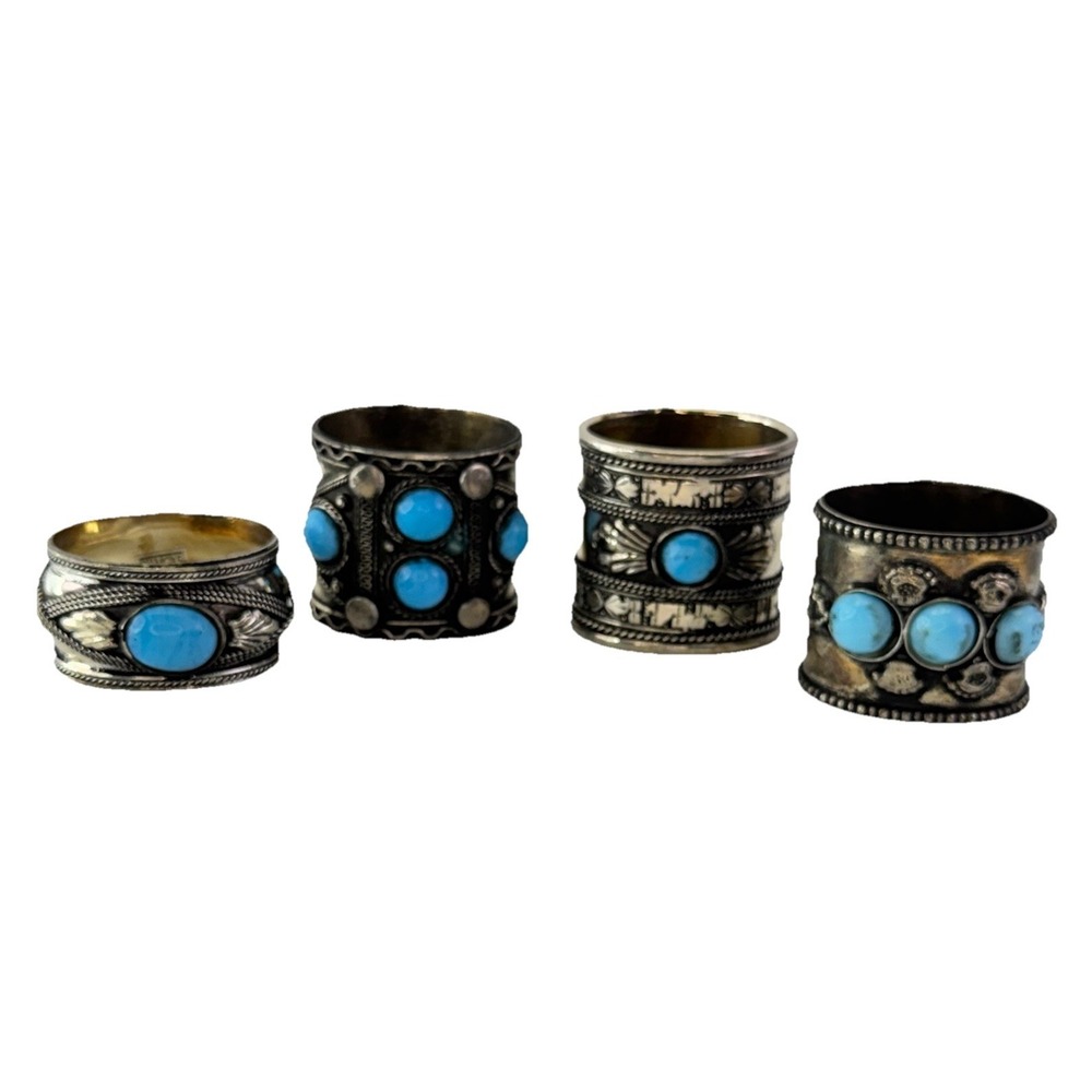 Silver Tone w/faux Turquoise Stone Napkin Rings Twos Company Southwest Boho